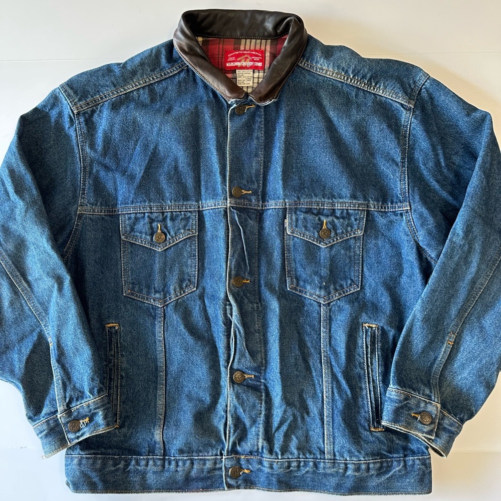 Vintage Marlboro Country Store Denim Jean Jacket Flannel Lining